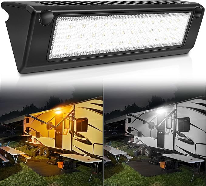 LED RV Exterior Porch Utility Light Waterproof 10-30V DC Low Current 9" Lighting Fixture 54W 2000LM Aluminum Base led Scene Lighting for RV, Trailer, Camper(6000K Nature Yellow White)