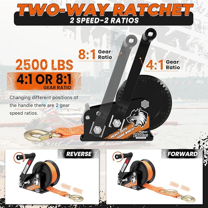 Heavy Duty Hand Winch for Boat Trailers, 2500lbs Crank Winch with 23FT Strap, Dual Speed 4:1/8:1 Gear and 3-Way Ratchet, Manual Trailer Winch for Towing Boats, Trucks, Jet Skis, RVs, and ATVs