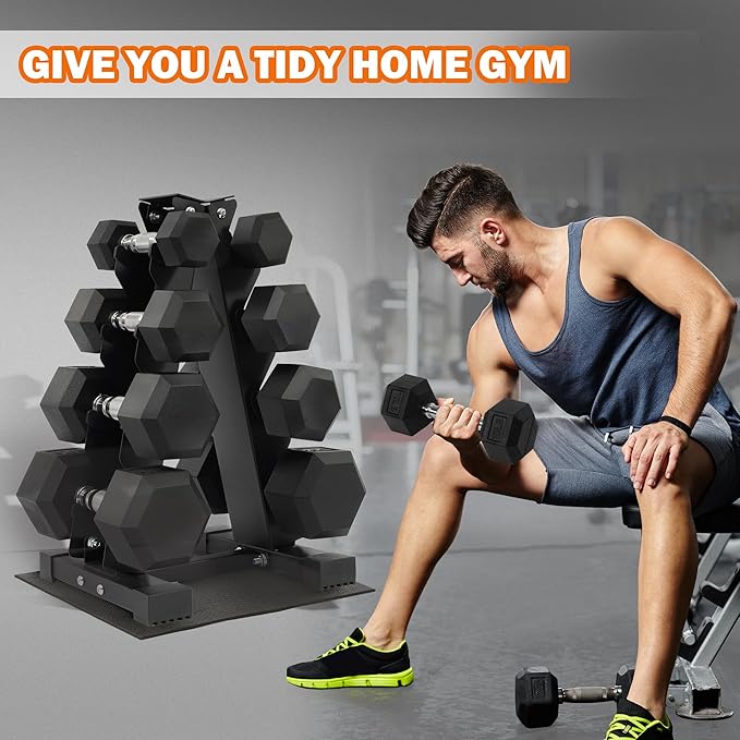Rubber Encased Hex Dumbbell Set with Rack, 5-20LB or 5-25LB Hand Weights with Anti-Slip Grip for Exercise & Fitness, Dumbbell Weights Set for Home Gym, 100LB or 150LB Set Options