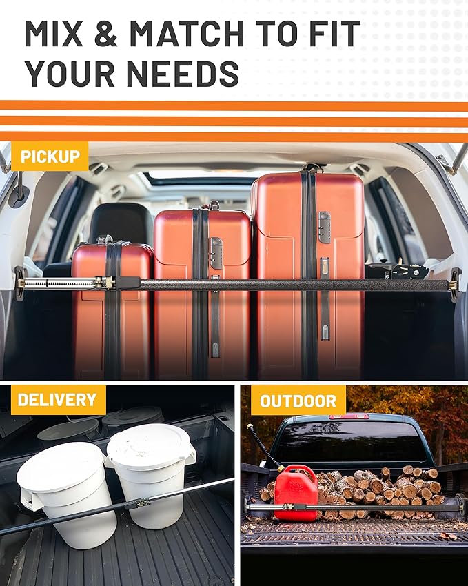 Strapinno - Ratcheting Cargo Bar 44"-74", Non-Slip Truck Bed Divider, Easy Setup, Strong 1.25" Tube, Adjustable Stabilizer for Pickup Trucks