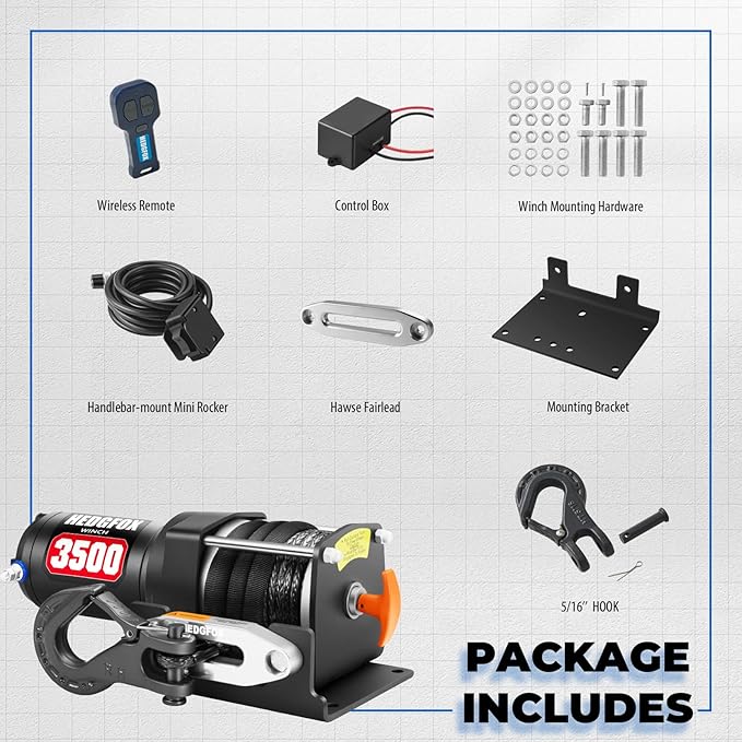3500lb Electric Power Winch Kit Synthetic Rope Waterproof IP65 with Wireless Remote Control and Mini Rocker Switch for ATV UTV Towing, Off-Road Recovery Applications