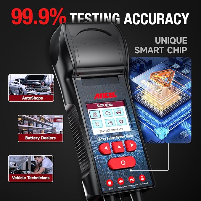 ANCEL BST600 Car Battery Tester with Printer - 12V/24V, 100-2000 CCA, Digital Auto Battery Load Tester - Cranking and Charging System Test for Heavy Duty Truck, Marine, Motorcycles, RVs, SUVs, Boats