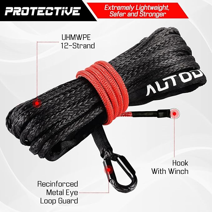 Synthetic Winch Rope - 1/4" x 50ft 10,000LBS Winch Line with Protective Sleeve, Forged Winch Hook and Rubber Stopper, Synthetic Winch Cable for 4WD ATV UTV Offroad Vehicles, Black
