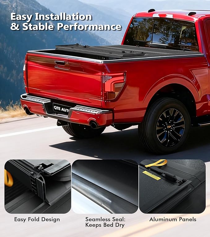 PM Auto Hard Quad-Fold Aluminum Tonneau Cover Compatible with 2017-2022 Ford F-350 Super Duty, All Weather Protection Truck Bed Cover Fits 6'10" (82") Bed