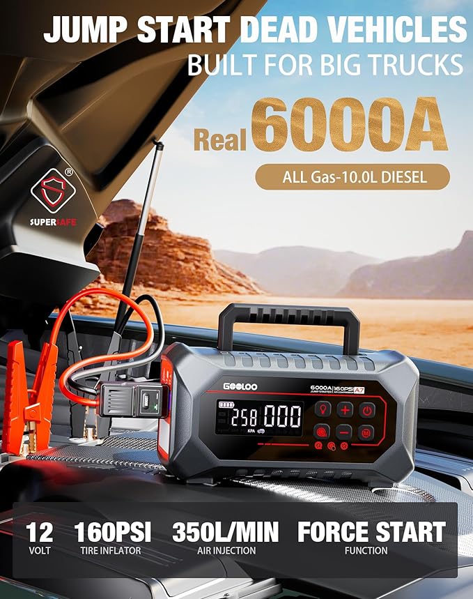 GOOLOO A7 Jump Starter with Air Compressor, 6000A &160PSI 12V Car Battery Jumper Starter Portable Booster Pack, 12-in-1 Jump Box (All Gas & 10L Disel) with Tire Inflator & Air Pump(Inflate& Deflate)