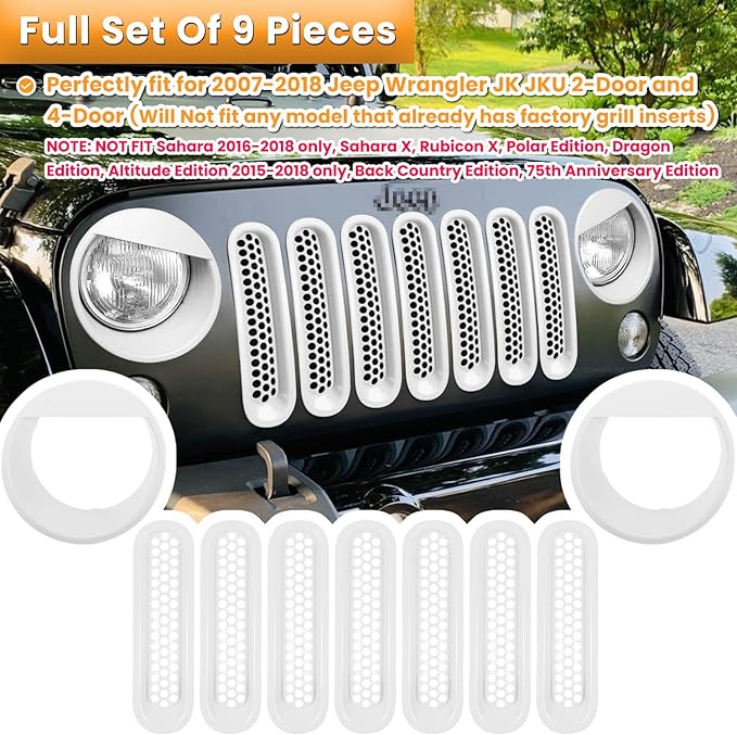 Front Grille Mesh Inserts & Headlight Cover for Jeep Wrangler JK JKU Sport Freedom Rubicon Sahara Unlimited 2007-2018 Exterior Accessories Clip-in Grille Guard Headlight Bezels Trim (Matte White)