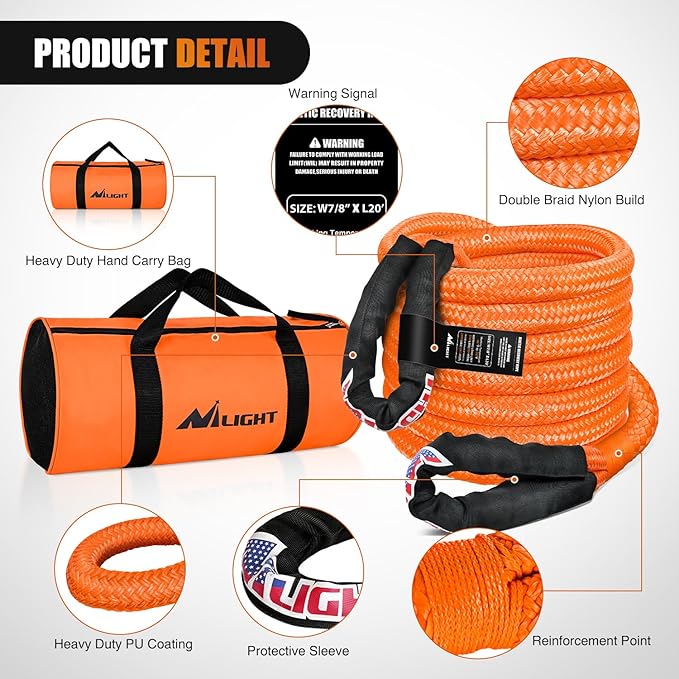 Nilight Kinetic Recovery Rope 28,600LBS 7/8" x 20ft Snatch Strap Heavy Duty Offroad Towing Strap Kit Vehicle Recovery kit for UTV ATV SUV Truck Car Jeep Tractor