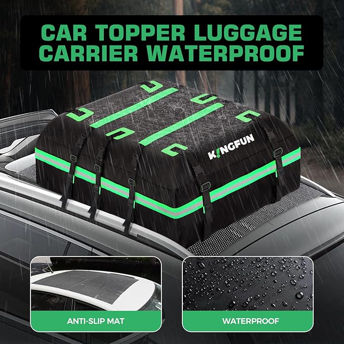 Kingfun Rooftop Cargo Carrier – Waterproof 21 Cubic Feet Car Roof Bag Fit All Vehicles with/Without Roof Rack, Includes Anti-Slip Mat, 8 Reinforced Straps & 6 Door Hooks, Lashing Straps, Luggage Locks