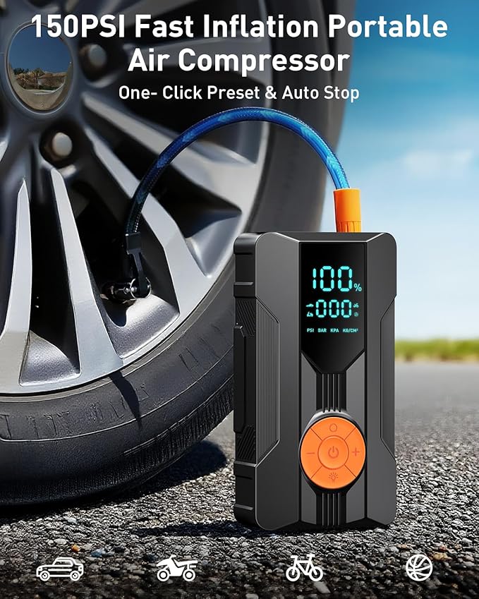 Jump Starter with Air Compressor, Car Battery Jump Starter (8.0 Gas/7.0L Diesel), Battery Jumper Starter Portable Jump Box, 12V Portable Car Jump Starter with Tire Inflator, LED Light