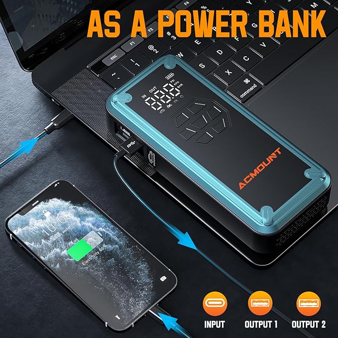 Jump Starter with Air Compressor, Acmount 5000A Car Battery Jump Starter with 150PSI Tire Inflator for Up to 9.0 Gas/8.0L Diesel, 12V Portable Jump Starter Box with LCD Display, Light (Blue)