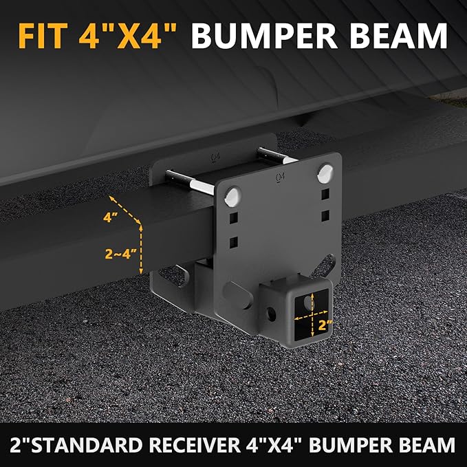 Tow Hitch 2 Inch, RV Bumper Hitch Trailer Receiver, Fits 2" to 4" Rear Beams, 3500 LBS Capacity Upgrade Towing Adapter Openning for Camper Cargo Carrier Bike Racks RV Tire Carrier Ball Mounts