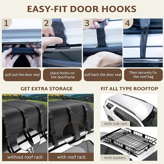 iBirdie Roof Rack Cargo Carrier 15.3 Cubic Feet, Soft-Shell Rooftop Cargo Box, Waterproof Heavy Duty 1200D for Car with/Without Roof Rack, Includes Anti-Slip Mat, Door Hooks, 46x34x17 inches
