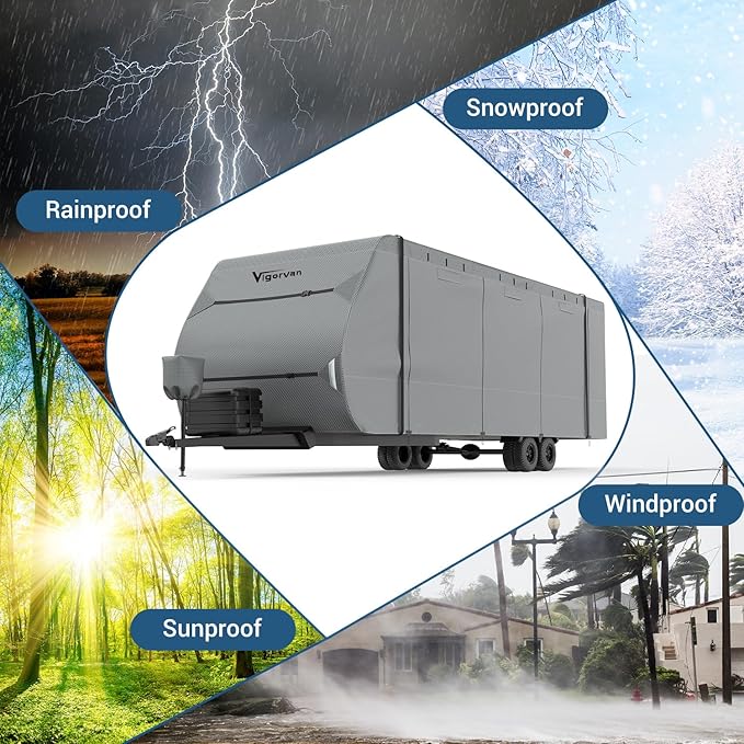 RV Cover Vigorvan Upgrad 7 Layers Top Camper Cover Windproof Travel Trailer Cover for 20-22FT RV, Toy Hauler Cover with Tongue Jack Cover, Extra Windproof Ropes, Gutter Covers