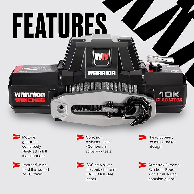 Warrior Winches Gladiator 10000lbs 12v Electric Winch with Wired/Wireless Remote with Synthetic Rope, Perfect for Trucks, Trailers, Offroad, 4X4, SUVs, Waterproof IP68 Winch with Hawse Fairlead