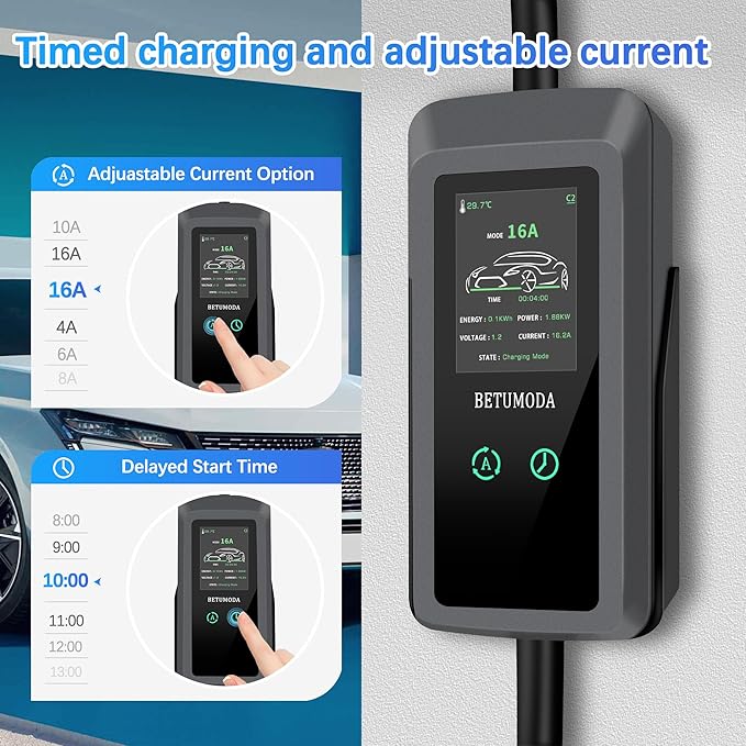 Level 1&2 EV Charger, 16Amp, Portable Charger for Home/Outdoor, 25FT Cable 110V-240V, J1772 Electric Cars, Charging Stations, Current Adjustable, NEMA 6-20 & NEMA 5-15 Adapter. Tesla Needs Adapter