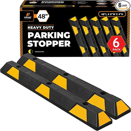 Xpose Safety 48" Heavy Duty Rubber Parking Stopper – 6 Pack Wheel Blocks for Garage, Driveway, or Ramp – Car Bumper Stop with Yellow Reflective Strips – Removable Floor Mount