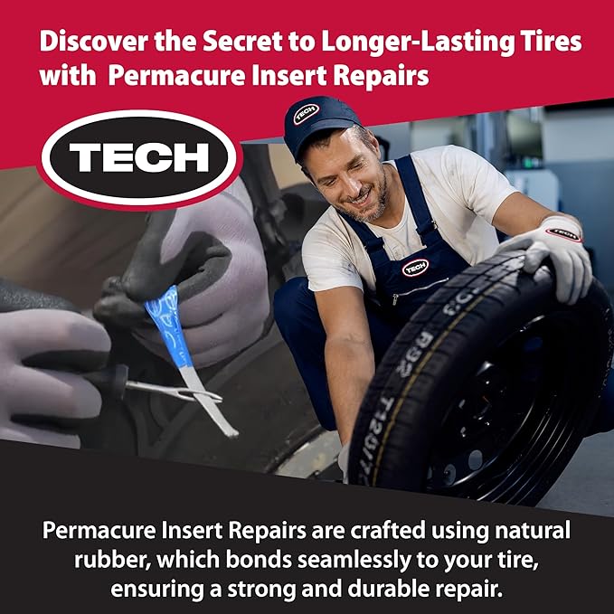 TECH Permacure Inserts – Reinforced Natural Rubber Compatible with Vulcanizing Fluid, Tubeless Sealant, Flat Repair Kits, 3-3/4" (95mm), Blue (Box of 50) for Emergency Puncture Fixes and Patch Kits