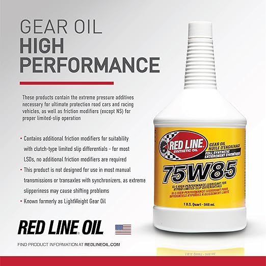 Red Line 50104 75W85 GL-5 Full Synthetic Gear Oil for Hypoid Limited Slip Differentials - 2 Quarts