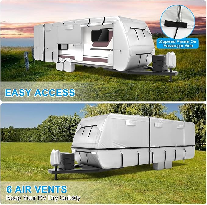 Mofeez Oxford Fabric Travel Trailer RV Cover, Camper Cover with 420D Oxford for The Top, 16'-18' Tearproof Waterproof Windproof Travel Trailer Cover with 4 Tire Covers, Jack Cover and Zippered Doors