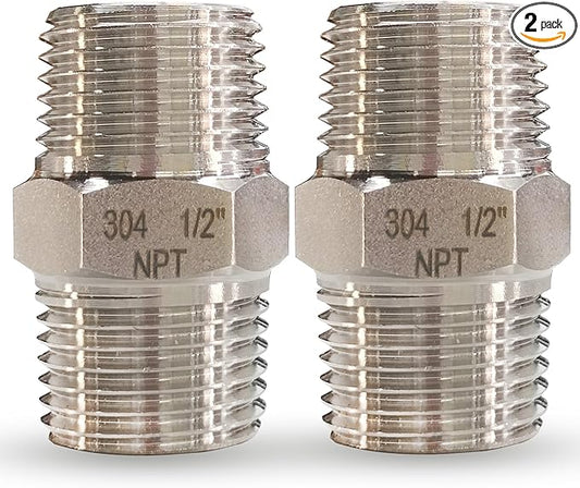 1/2" Male x 1/2" Male Hex Nipple Pipe Fittings, 304 Stainless Steel 1/2 inch NPT Male Threaded Pipe Adapter Fittings Equal Nipples Connectors, Male Straight Connector Pipe Fitting (1/2“, 2pcs)