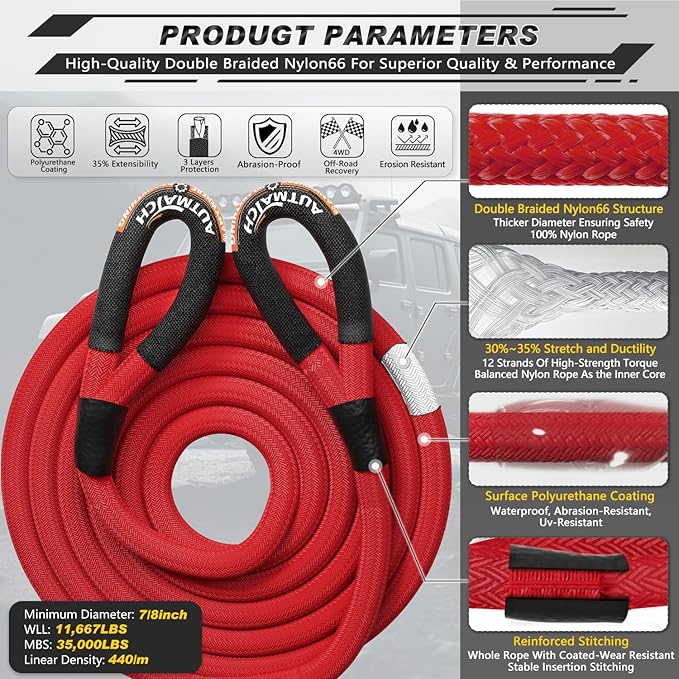 AUTMATCH Kinetic Recovery Tow Rope 7/8" x 20FT - Heavy Duty Offroad Snatch Strap 35000Lbs, 35% Elasticity Energy Recovery Tow Rope for 4x4 Off-Road Vehicle, Truck, Trailer, ATV, UTV, Red