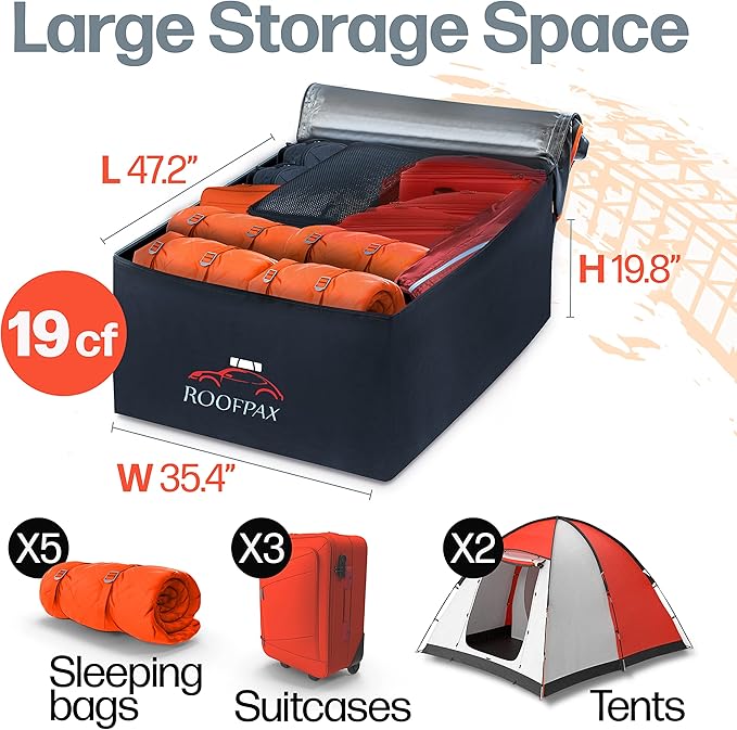 RoofPax Waterproof 19 Cubic Feet Rooftop Cargo Carrier Bag – Heavy Duty Car Roof Storage with Double Zipper & Tie Down Straps – Fits Cars with or Without Roof Rack