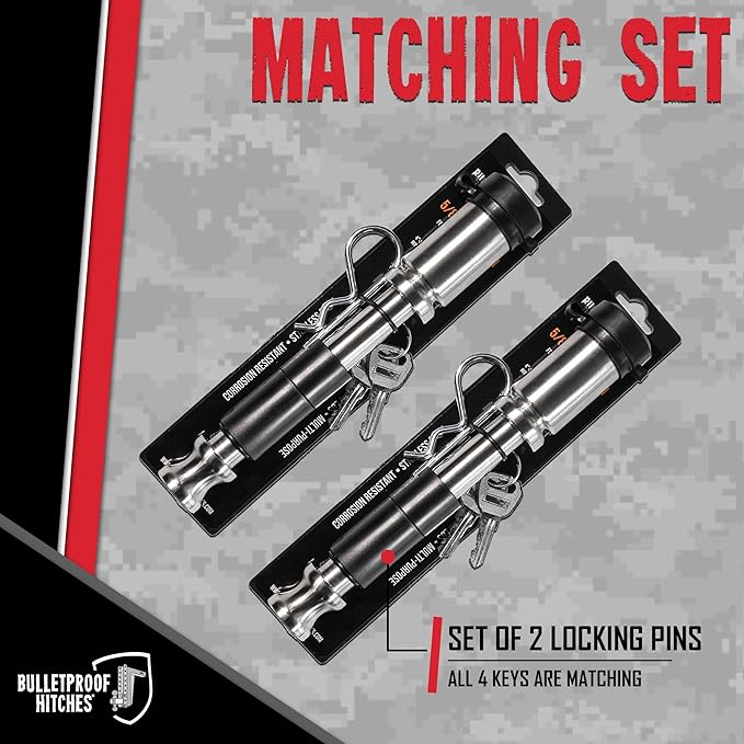 BulletProof Hitches - 5/8" Trailer Hitch Locking Pins - Universal Fit, Stainless Steel, Weather Resistant Rubber Cap - Silver, 2 Pack