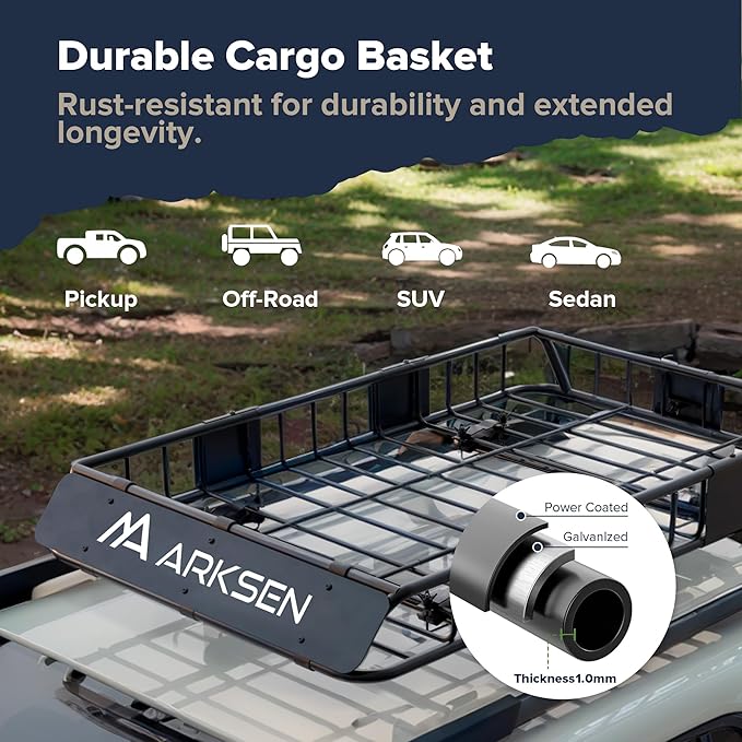 ARKSEN 54 x 34 x 6 Inch Universal Roof Rack with Extension, 600D Waterproof Bag, 2 Ratchet Straps&Net, 150 LBS Capacity Heavy Duty Rooftop Cargo Basket for SUV, Truck, RV, Pickup
