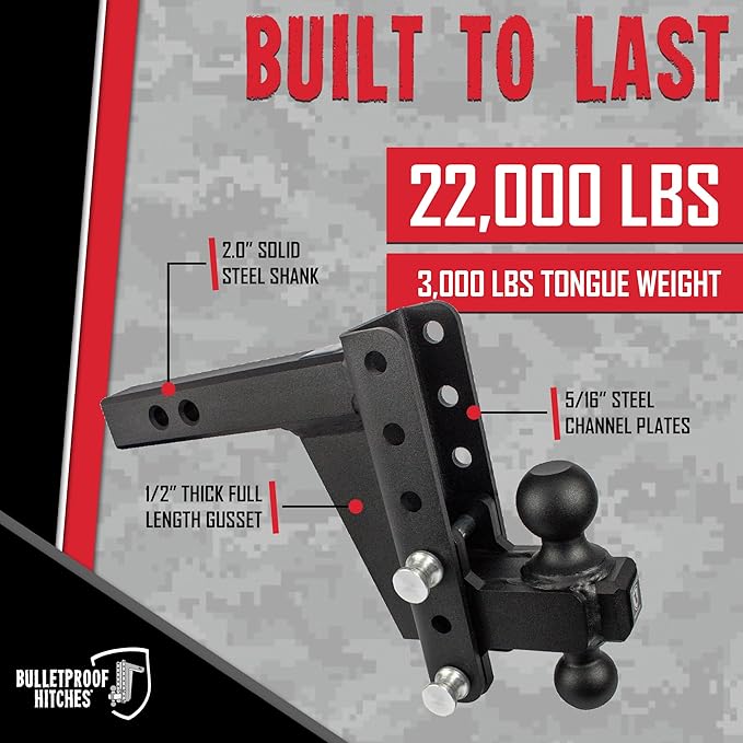 BulletProof Hitches - 2.0" Adjustable Heavy Duty Trailer Hitch (22,000 lb. Rating) - 8" Drop/Rise Trailer Hitch with 2" & 2-5/16" Dual Ball - Powder Coat, Solid Steel, Corrosion-Resistant