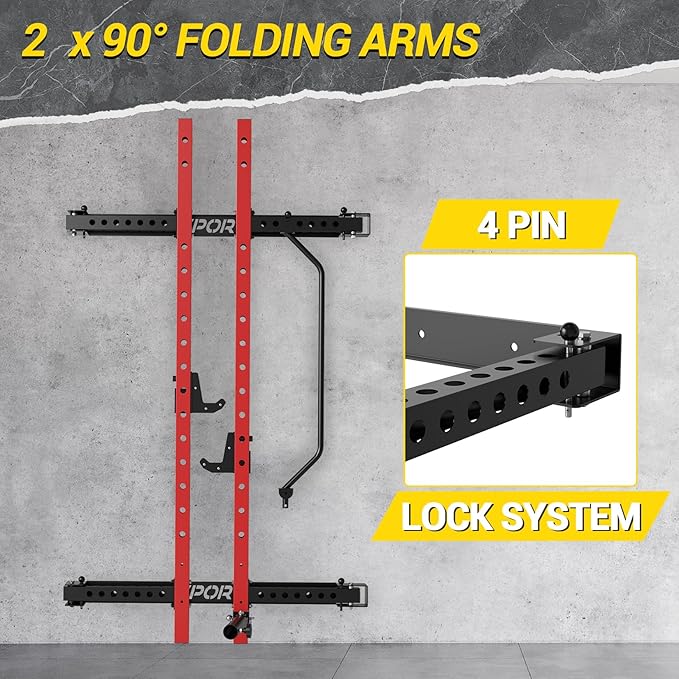 Folding Squat Rack for Home Gym, 2.36" x 2.36" Folding Power Rack with Pull Up Bar, J Hooks and Landmine Attachments, 1000 LBS Capacity Wall Mounted Squat Rack, Space Saving Weight Cage