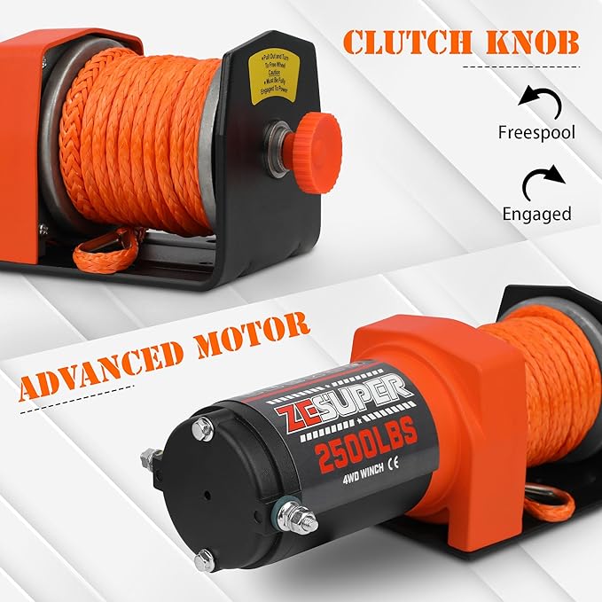 ZESUPER 2500 lb 12V DC Electric Winch 30 ft Synthetic Rope Off Road Waterproof UTV ATV Boat Winch Kits with Wireless Remote,Handheld Switch