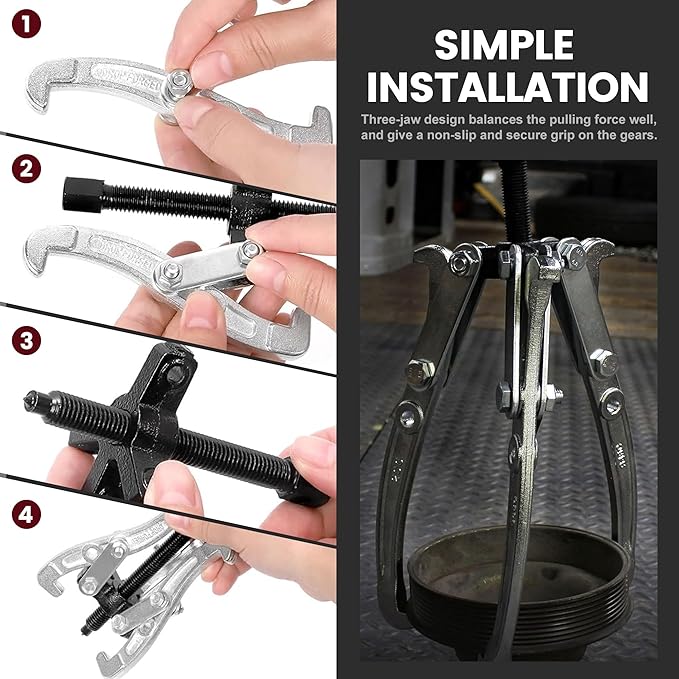 Motor Tech Gear Puller Set, 3" 4" 6" 8'' 3 Jaw Puller Kit for Pulley Gear Bearing Flywheel Removal, Heavy Duty Pulley Puller with Reversible Jaws Bearing Puller Tool Kit (3'' 4'' 6'' 8'')