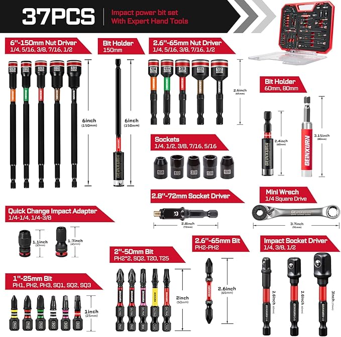 37Pcs Tools Set Packaged with Plastic Toolbox Storage Case, Include Screwdriver Bits, Nut Driver, Mini Wrech,Socket Driver, Quick change adapter, Socket Driver and Bit Holder for Diy