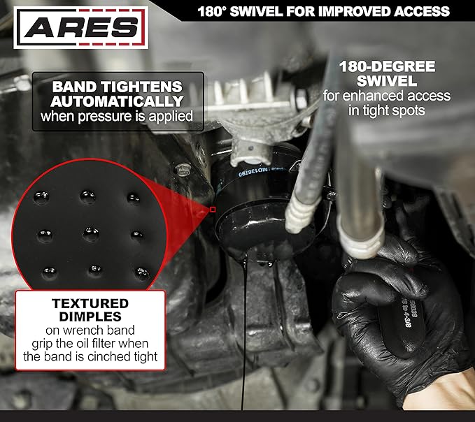 ARES 56039 – 4-in-1 Swivel Oil Filter Wrench – 2 3/8-Inch to 4 3/8-Inch (60mm to 111mm) Capacity – 180-Degree Swivel for Improved Access – Automatically Tightens on Filter