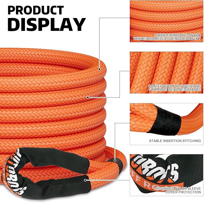AUTOBOTS Kinetic Recovery Rope 1" x 30' (48,000lbs)+2 Soft Shackles Heavy Duty Kinetic Tow Rope for Truck ATV UTV SUV Offroad Recovery Kit