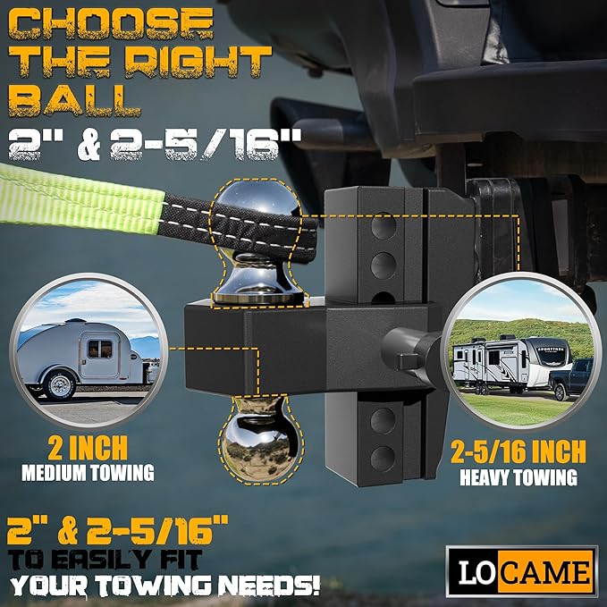 LOCAME Adjustable Trailer Hitch, Fits 2-Inch Receiver, 6-Inch Drop/Rise Aluminum Drop Hitch,12,500 LBS GTW-Tow Hitch for Heavy Duty Truck with Double Stainless Steel Locks, Black, LC0024