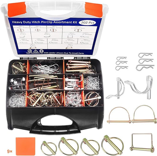202PCS Hitch Pin, Trailer Pins Clip Pins Assortment Kit for railers Tractors Trucks Towing Mowing Farm Equipment Snow Plows Lawnmowers Garage Heavy Duty Trailers Accessories Tractor Attachments