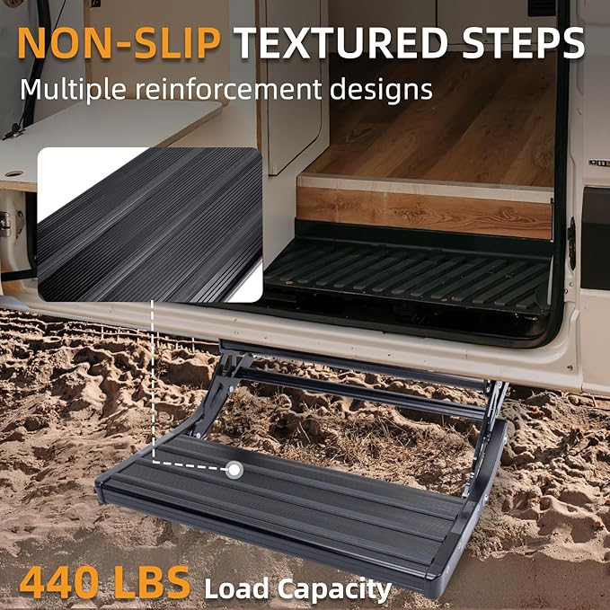 RV Step, 1-Step, Manual Foldable RV Steps, 400 LBS Load Capacity, Retractable Aluminum Alloy Camper Steps, Thickened Steel Plate Trailer Steps, Non-Slip Design, Ideal for RV, Trailer, Camper, Black