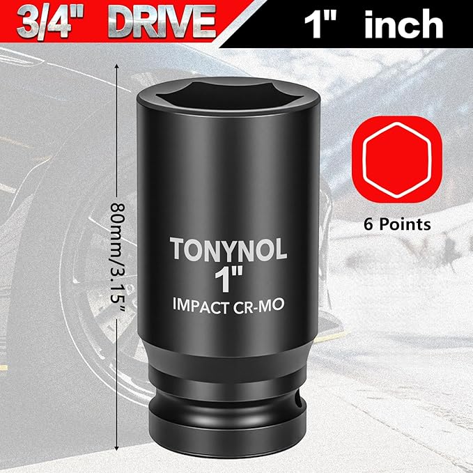 3/4" Inch Drive Deep Impact Socket,6-Point,SAE 1",80mmL,CR-MO,Heavy-Duty Automotive & Industrial Repair