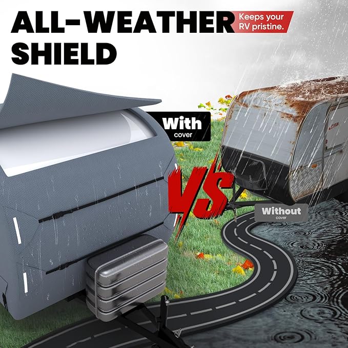 KING BIRD Heavy Duty Teardrop Travel Trailer Cover Fits 10'-12' Trailers, 5 Layers Top Waterproof Camper Cover with Windproof Strap for R-Pod Trailers, Clamshell Trailers