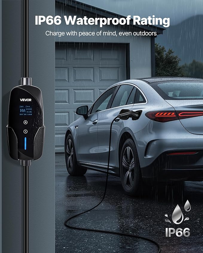VEVOR Level 1&2 EV Charger, 16 Amp Adjustable Current, Electric Vehicle Portable Charger with 25 ft Cable, 120V-240V, NEMA 6-20P Plug NEMA 5-15 Adapter, LCD, Home Car Charging Station for SAE J1772 EV