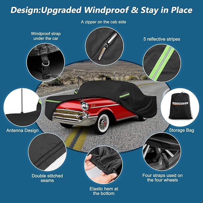 Waterproof Car Covers for Chevrolet Bel Air/150/210 1950-1957 Sedan/Coupe/Hardtop, 420D Oxford Cloth Sun Heat Protection Outdoor Full Covers with Driver Side Zipper Windproof Heavy Duty All Weather