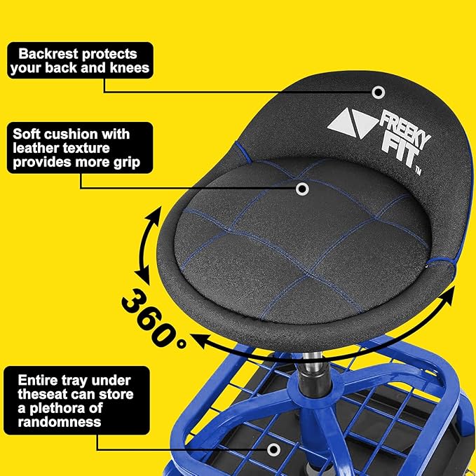Rolling Stool with Blue Wheels,Heavy Duty Garage Work Mechanic Rolling Shop Stool with Backrest, Adjustable Height 360°Swivel Roller Mechanic Chair with 2 Tool Trays, 330 LBS Capacity