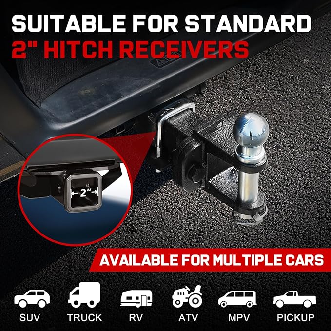 Trailer Hitch Ball Mount with 2" Trailer Ball, Universal Fits 2" Receiver of Trucks SUV Car Van ATV, 8000 LBS GTW, Heavy Duty Carbon Steel Truck Hitch, Multi Scenario Use Tow Hitch