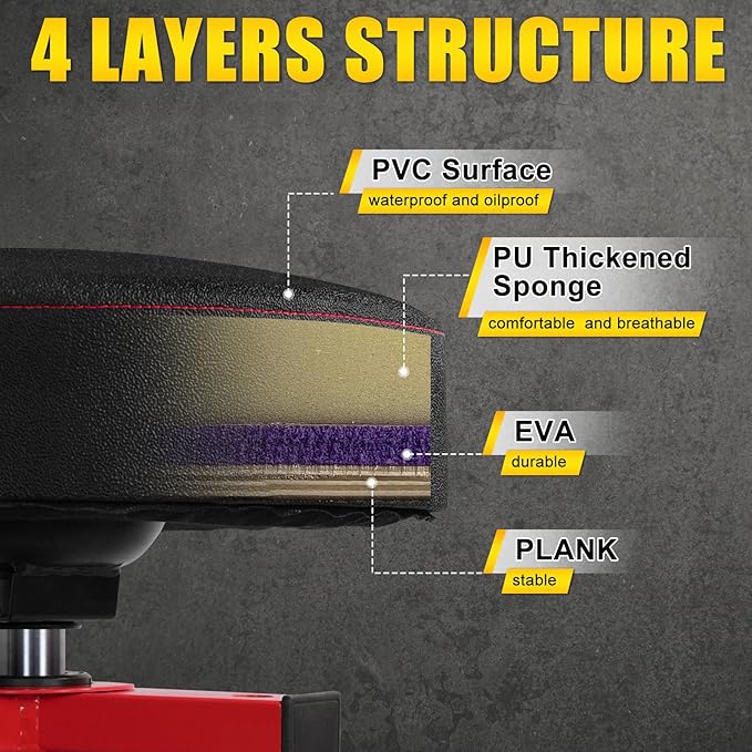 Adjustable Tall Shop Stool, Mechanic Garage Bar Stool Chair, Work Metal Chair for Workshop,360° Swivel Padded Seat, Tool Tray Storage, 350 LBS Capacity, Heavy Duty, Red