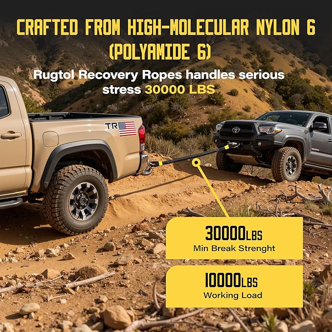 Kinetic Recovery Rope, 1 inch x 30 Feet Heavy Duty Kinetic Tow Ropes with 2Pcs Soft Shackles 30864 LBS Break Strength, Snatch Towing Strap Rope Kit for Offroad Vehicle Truck ATV UTV Car Tractor