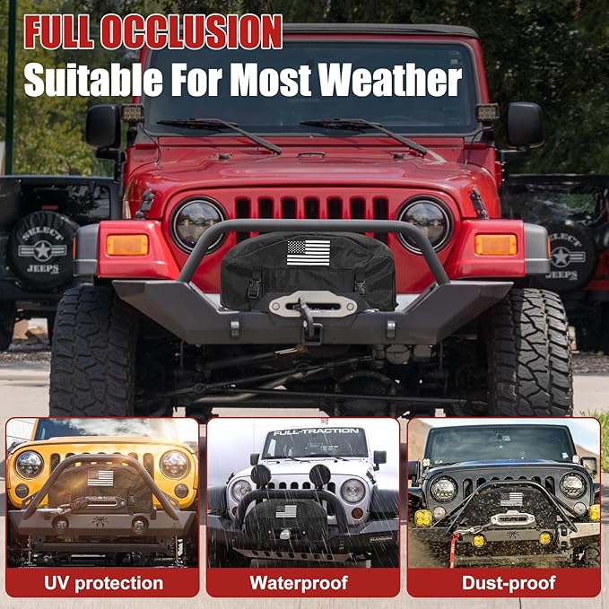 GEVINFA Winch Cover, 2025 Latest Flag Waterproof Dust-Proof Winch Protective Cover, Indoor & Outdoor Winch Accessories for 8000-13500 lbs Electric Winches With Adjustable UV Resistant Cover