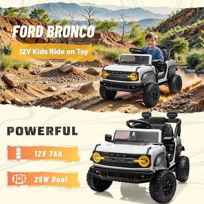 12V Ride on Toy for Kids, Ford Bronco Raptor Kids Electric Car with Parent Remote Control, Battery Powered Truck Car with 4-Wheel Suspension, LED Light, Bluetooth, 3 Speeds (12V, White)