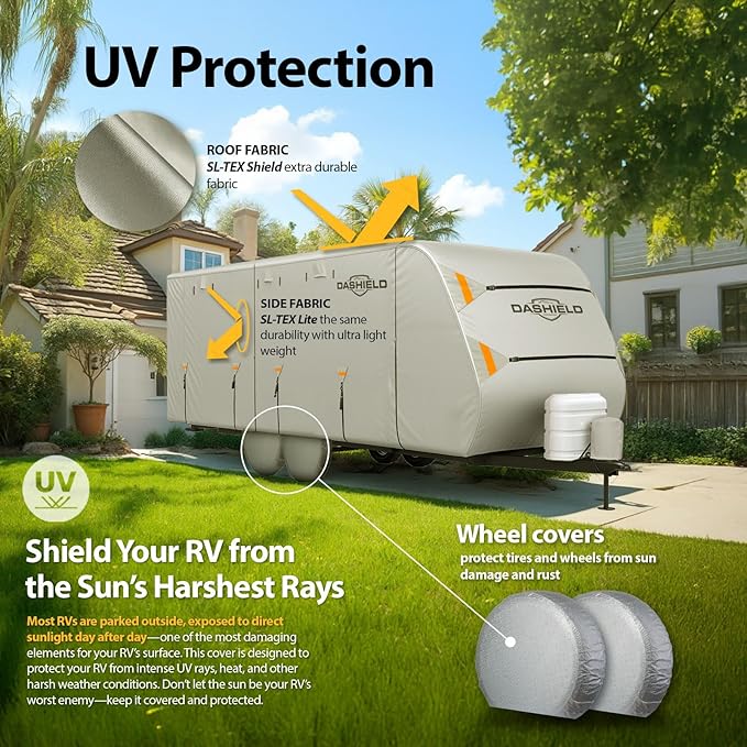 RV Cloud Travel Trailer Cover Fits 22'-24' Lightweight, Waterproof, Windproof, UV Protection, Breathable Air Vents, Durable Camper Cover with Tire Covers, RV Trailers