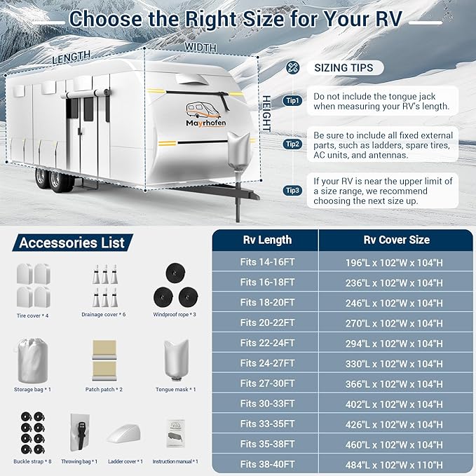 600D Oxford Fabric RV Cover 24-27ft Travel Trailer Cover, 6 Layers Waterproof Rip-Resistant Anti-UV Motorhome Camper Cover with Tongue Jack Protection, Tire Covers, Windproof Straps